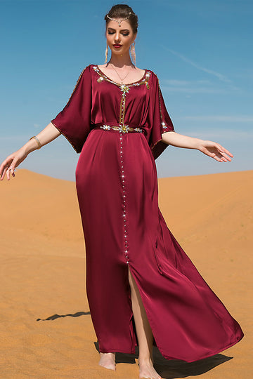 Fait main Bourgogne Col Rond Caftan Marocain